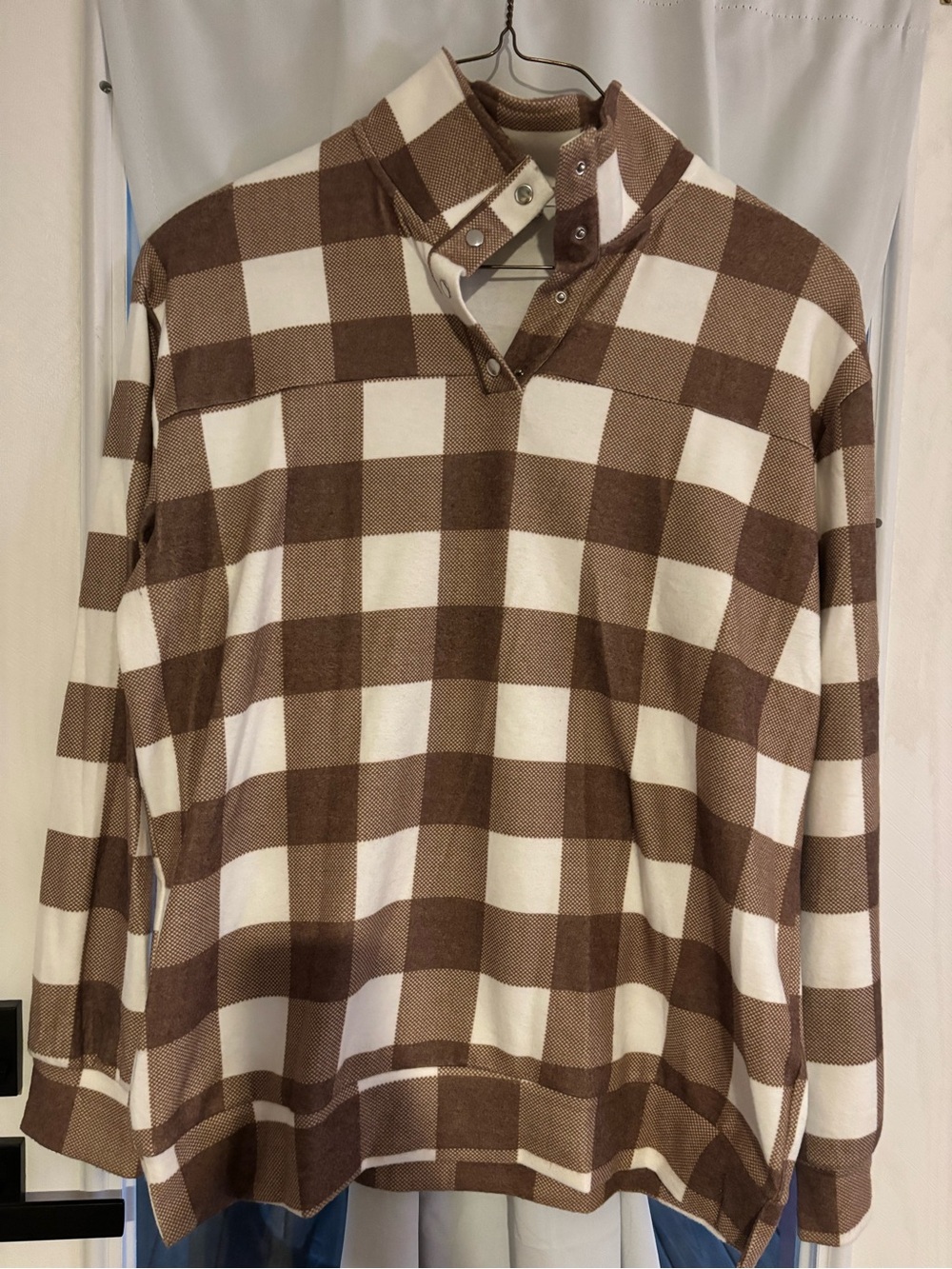 Brown and Cream Plaid Snap-Button Pullover Hoodie